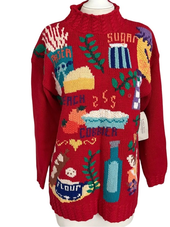 Vintage Sweaters - Vtg Karen Scott sweater features a vibrant, Cottagecore hand-knit Baking Theme